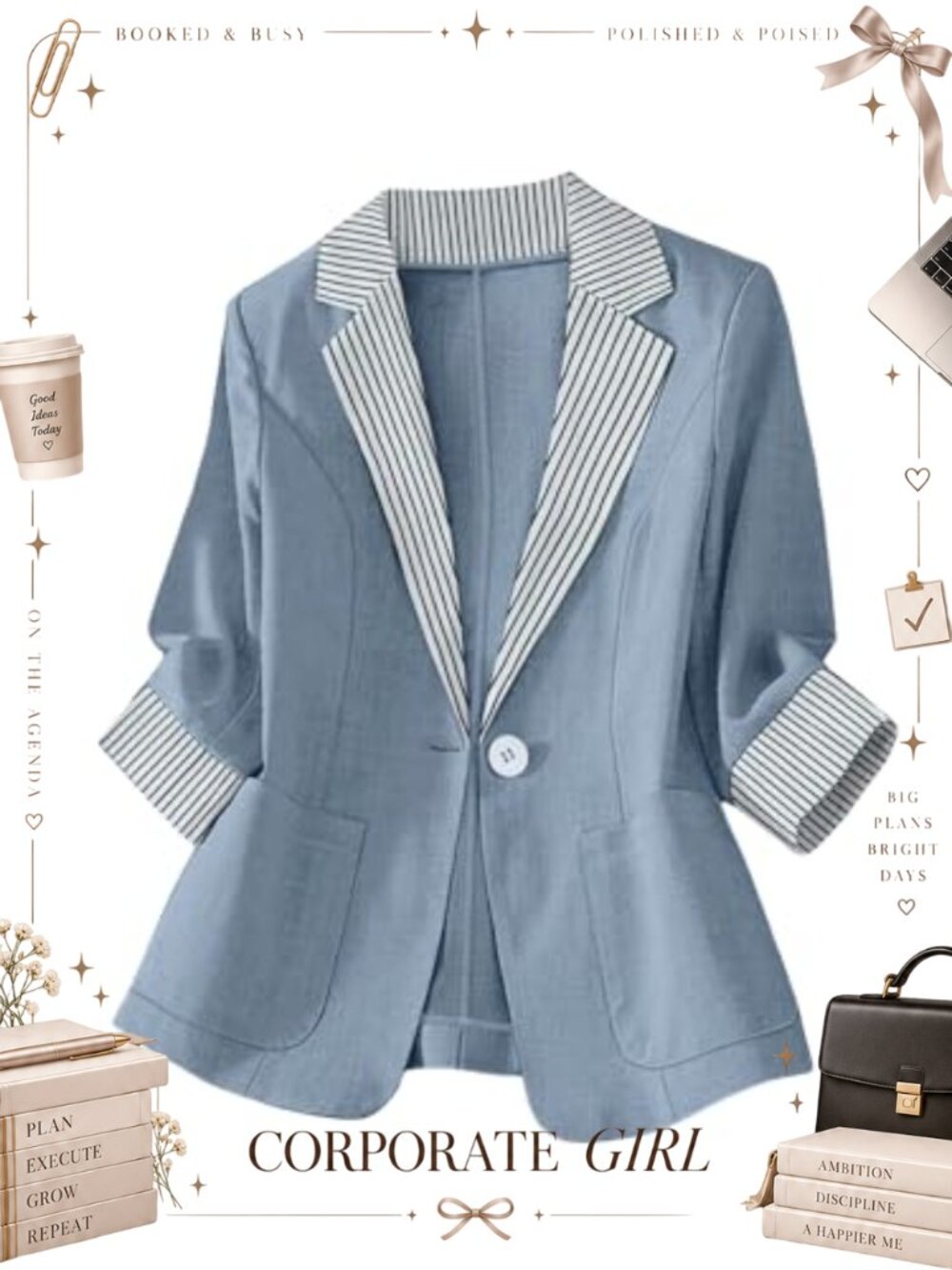 Women's Striped Patchwork 3/4 Sleeve Blazer Jacket Business Casual